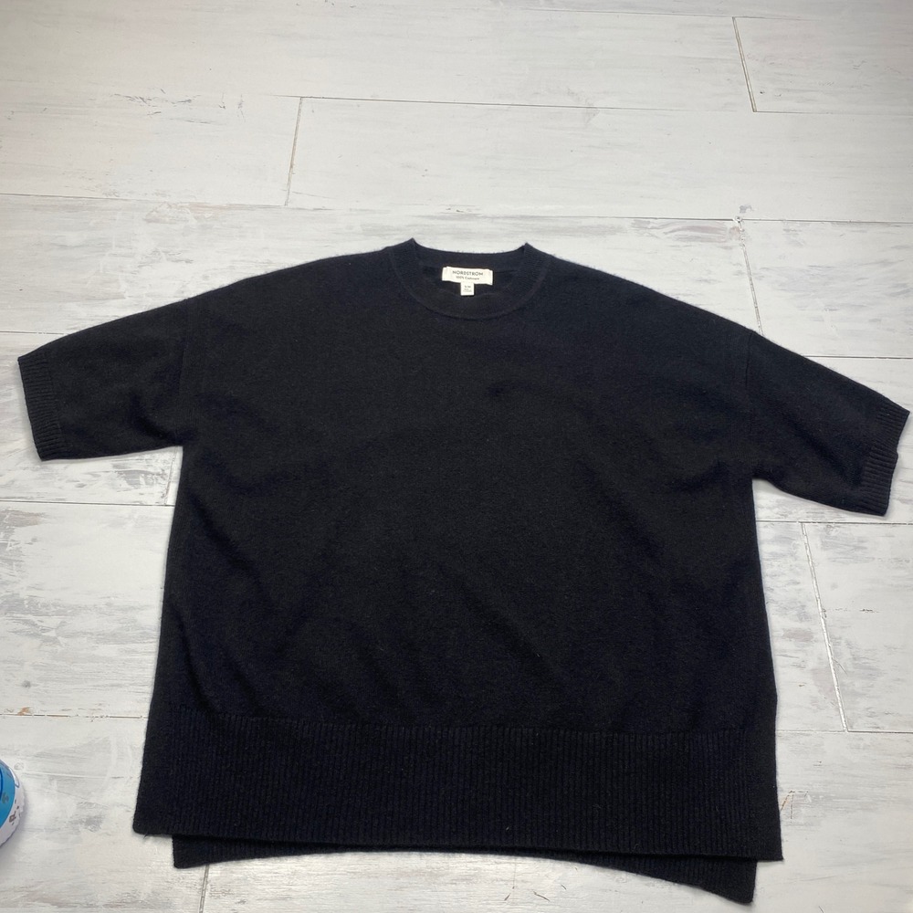 Nordstrom Cashmere Sweater Womens S/M Black Short Sleeve Crew Neck Oversized Top